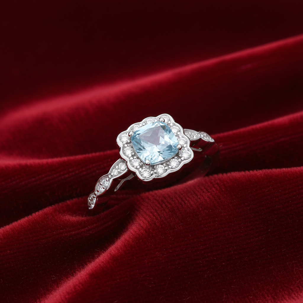 Aquamarine Cushion Ring Solid Sterling Silver 925 Square Cluster Size K - S