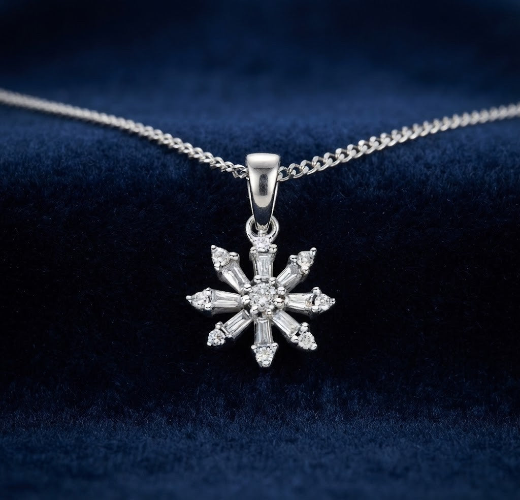 Natural Diamond Snowflake Pendant 9ct White Gold 18" / 45cm Chain