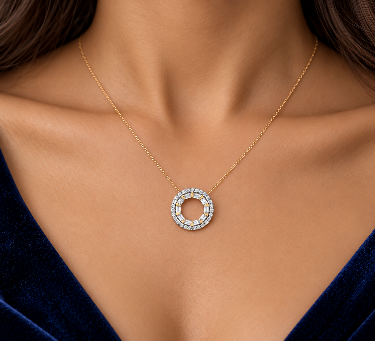 Baguette Diamond Circle Pendant 18ct Yellow Gold 18" Chain 0.35tw Real Diamonds