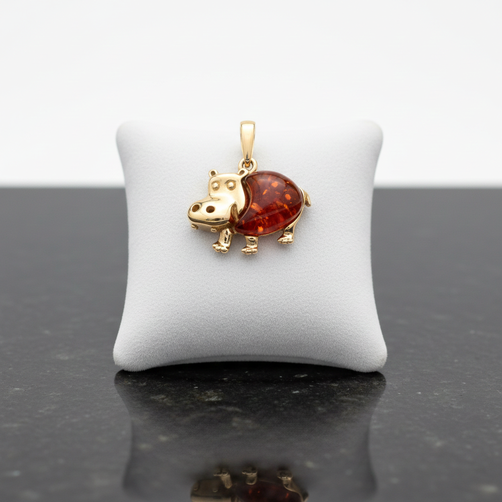 Natural Amber Hippo Pendant  18ct Gold on Solid Sterling Silver 925 18" Chain