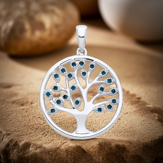 Sapphire Tree of Life Pendant Solid Sterling Silver 925 Hallmark 18" Chain