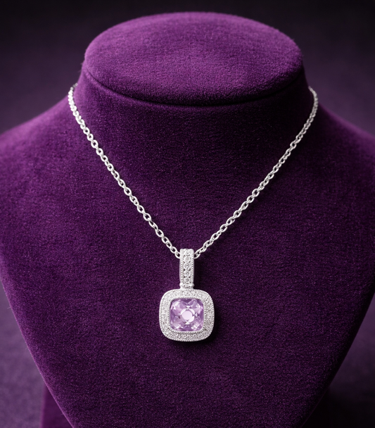 Natural Amethyst Cushion Pendant With Diamonds 9ct White Gold 16" Length Chain