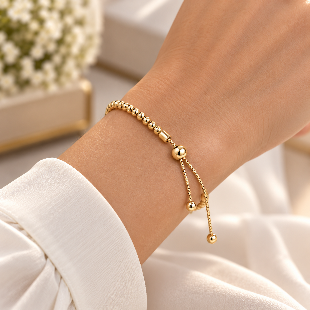 18ct Gold Adjustable Bolo Slider Bracelet Bead Chain Ball End on Sterling Silver