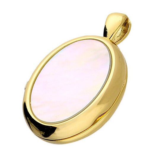 Silver Locket Yellow Gold Plated Double Sided Mother of Pearl and Black Agate