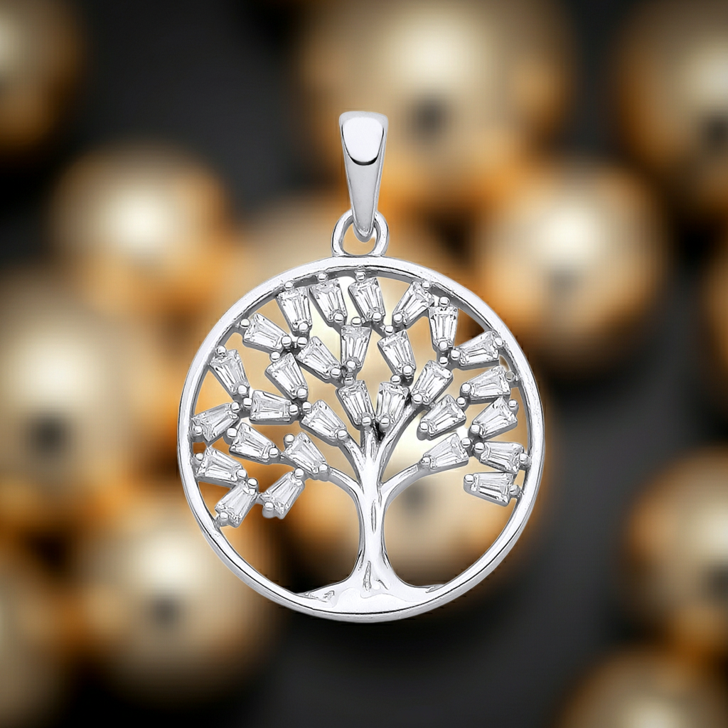 Tree of Life Pendant Solid Sterling Silver Baguette Gemstones 925 Hallmark 18"