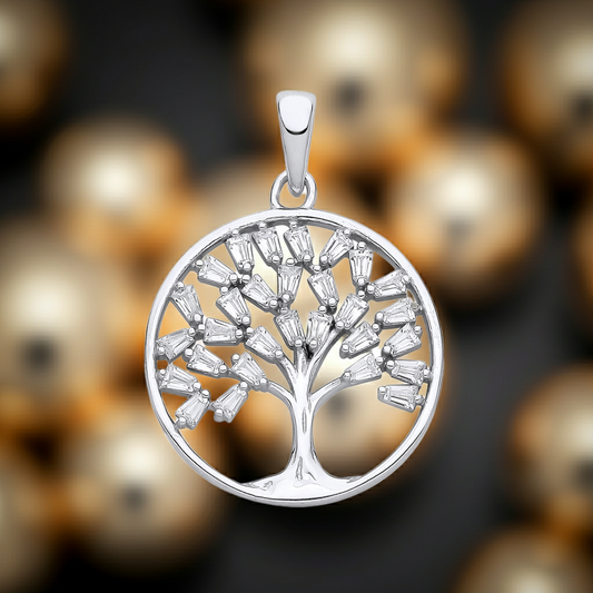 Tree of Life Pendant Solid Sterling Silver Baguette Gemstones 925 Hallmark 18"