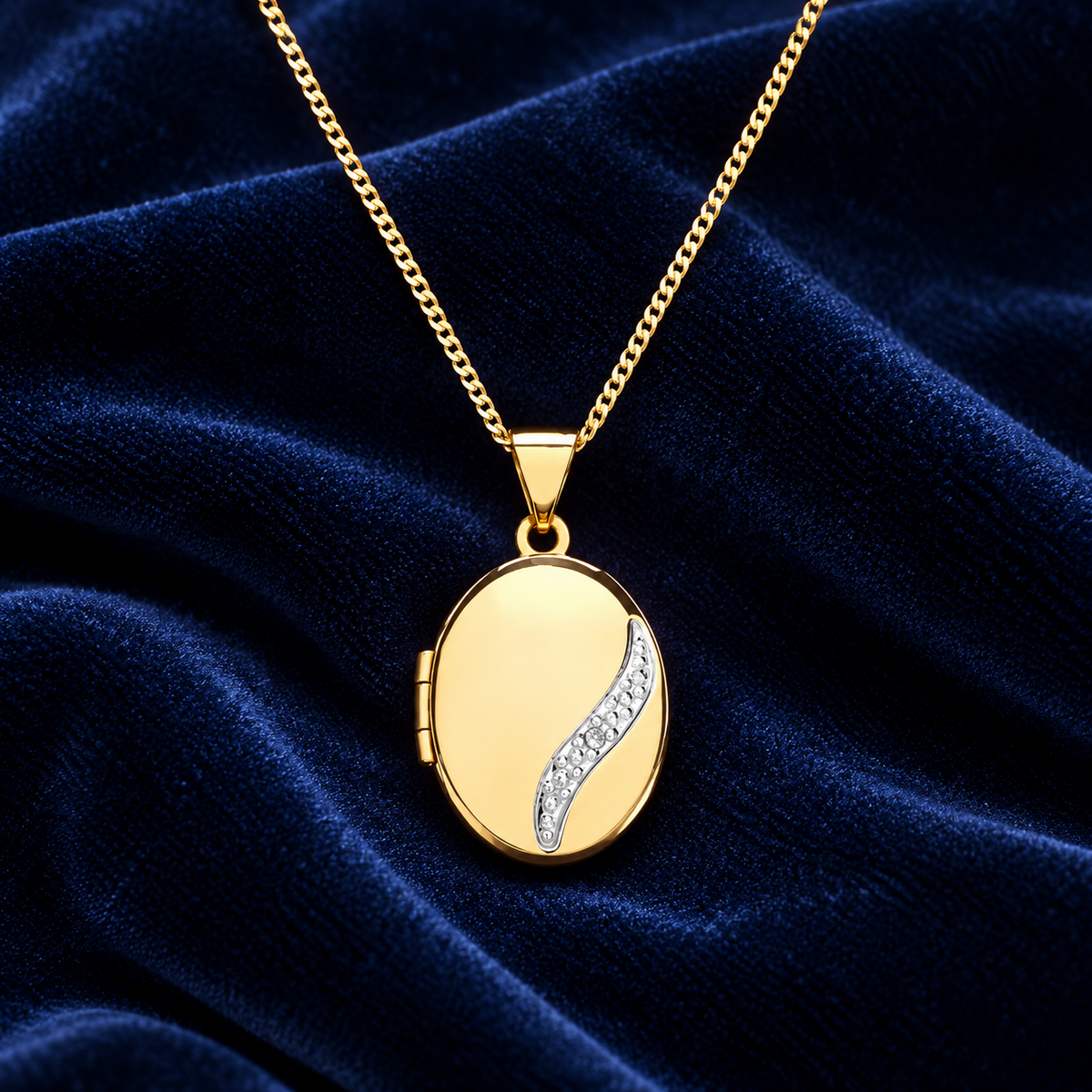 Real Diamond Oval Locket 9ct Yellow Gold 18" Chain Photo Keepsake Hallmarked