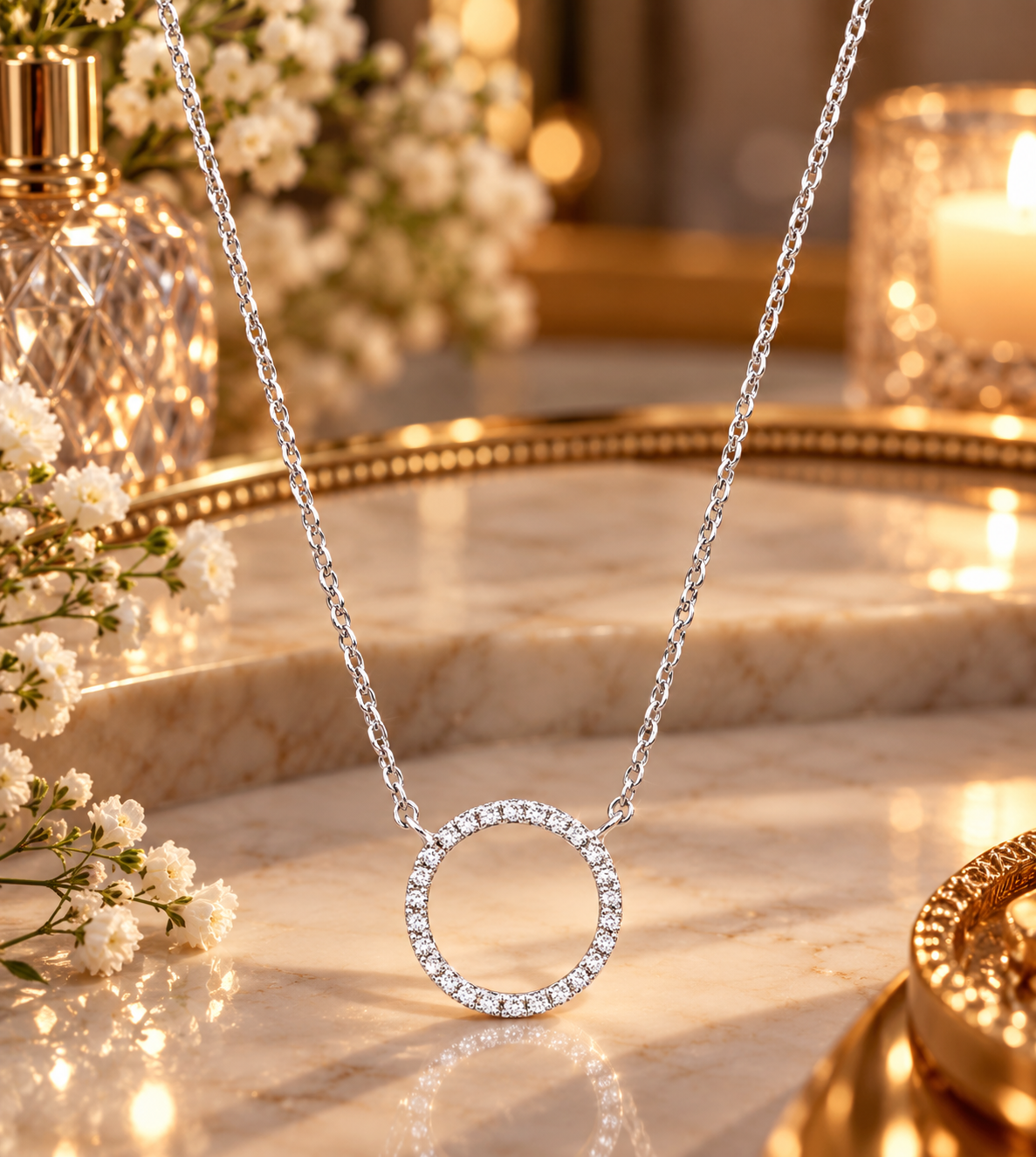 Elegant Diamond Circle Pendant Necklace White Gold 17" / 43cm