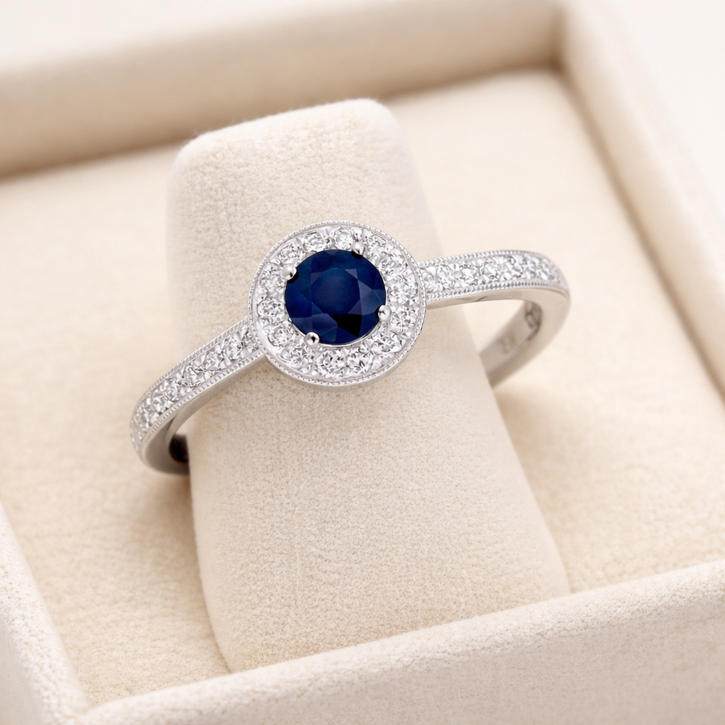 Sapphire and Diamond Ring 9ct White Gold Round Cluster Halo Engagement