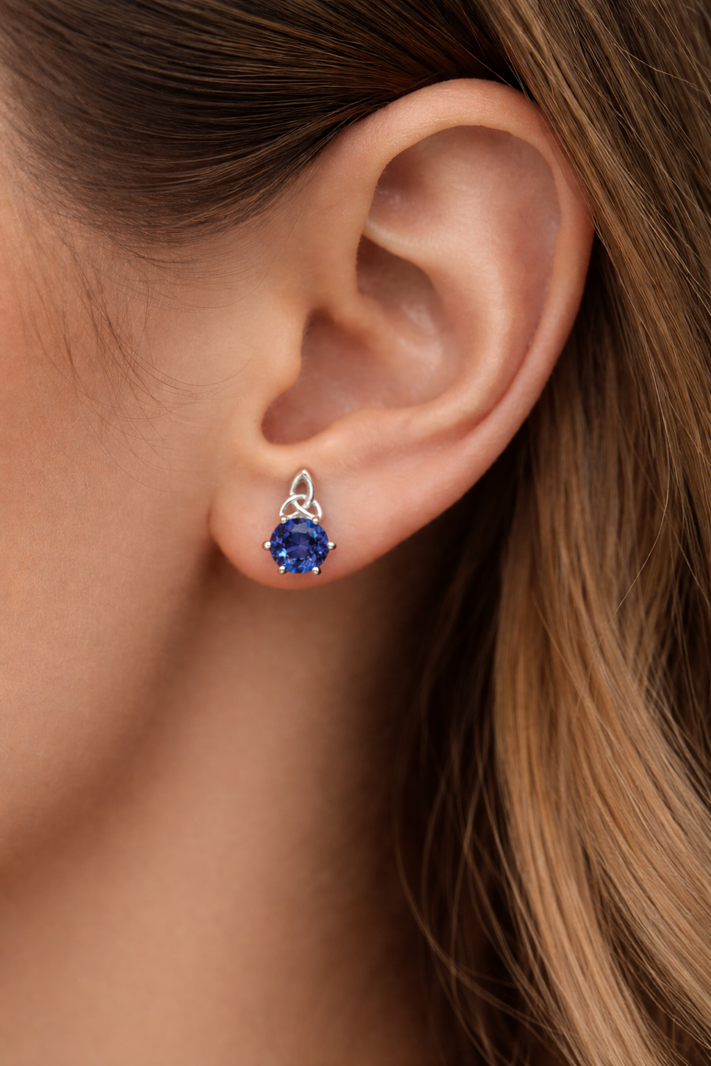 Sapphire Celtic Stud Earrings Solid Sterling Silver 925 Hallmark Rhodium Finish