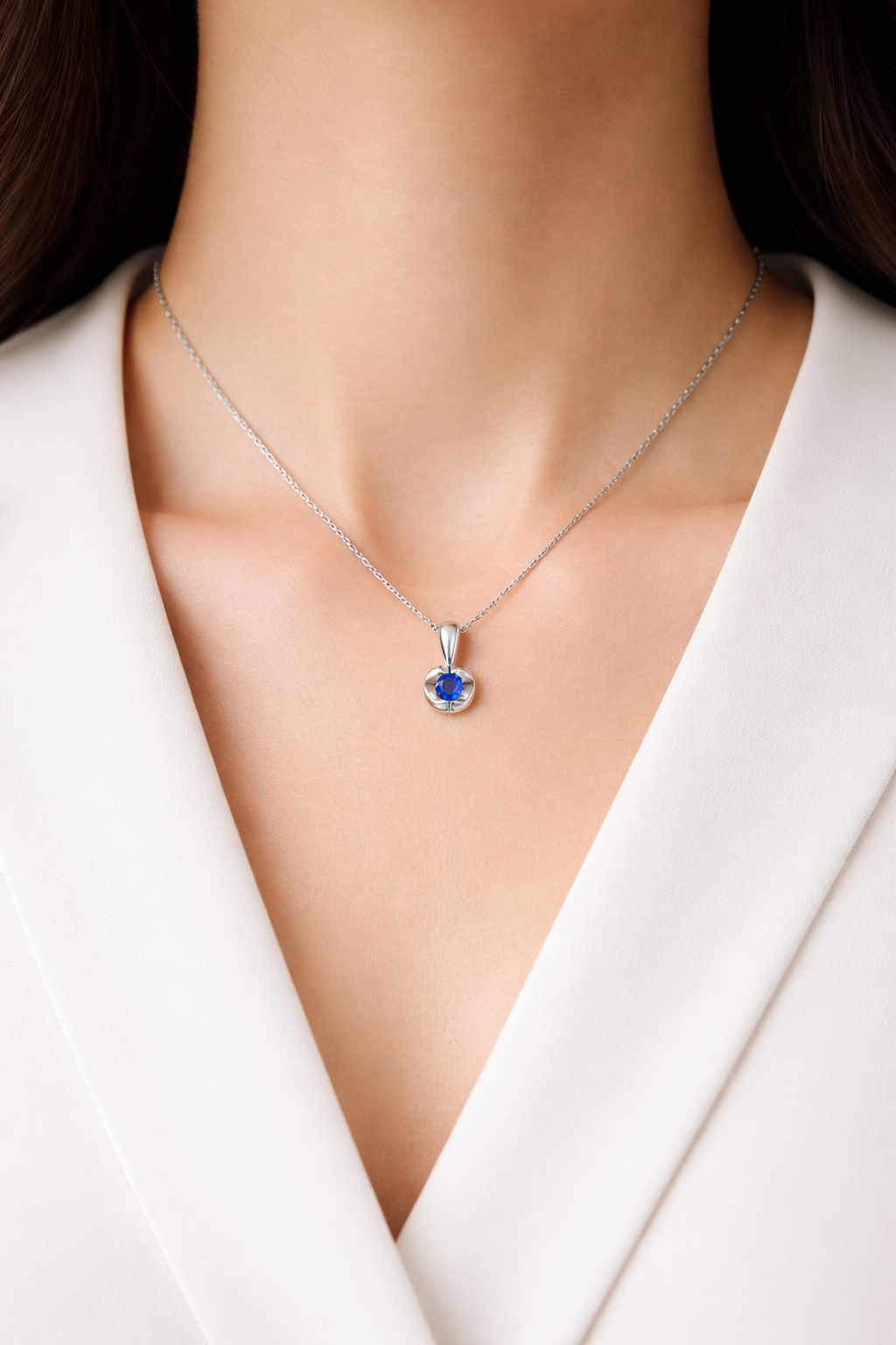Natural Sapphire Heart Necklace Solid White Gold 18" 46cm Length Chain