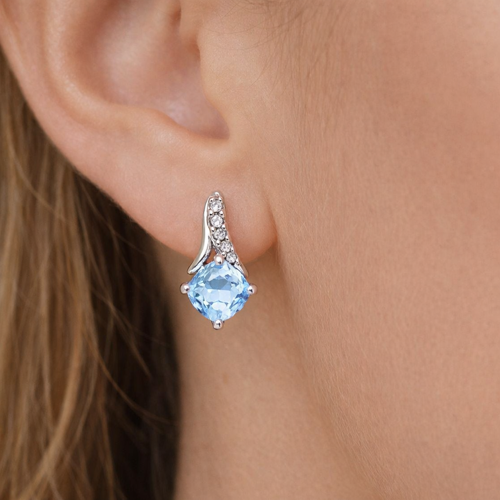 Natural Blue Topaz and Diamond Earrings Solid White Gold Cushion Drop Hallmarked