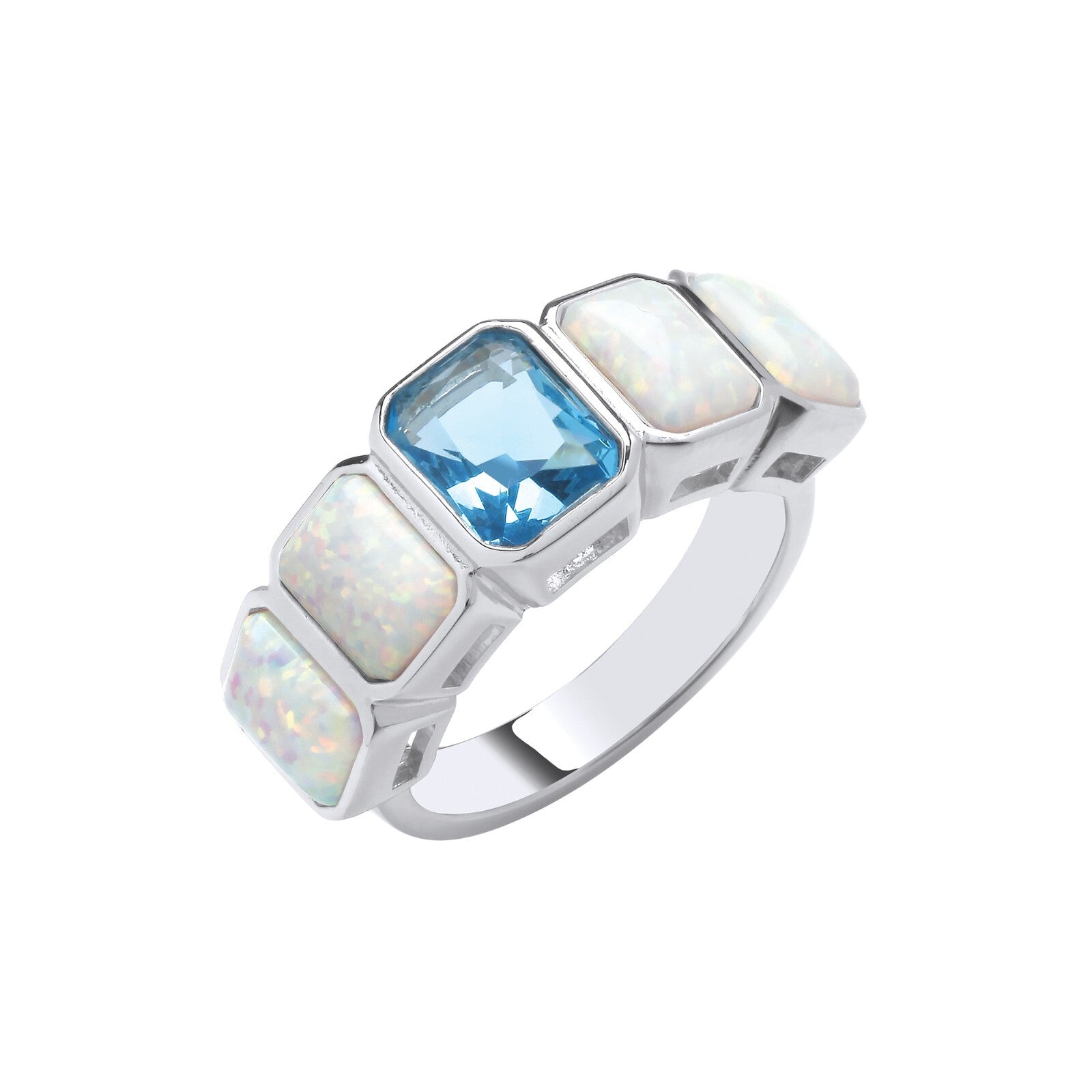 Sterling Silver Opal & Blue Topaz Ring Sizes J - S British Made 925 Hallmark