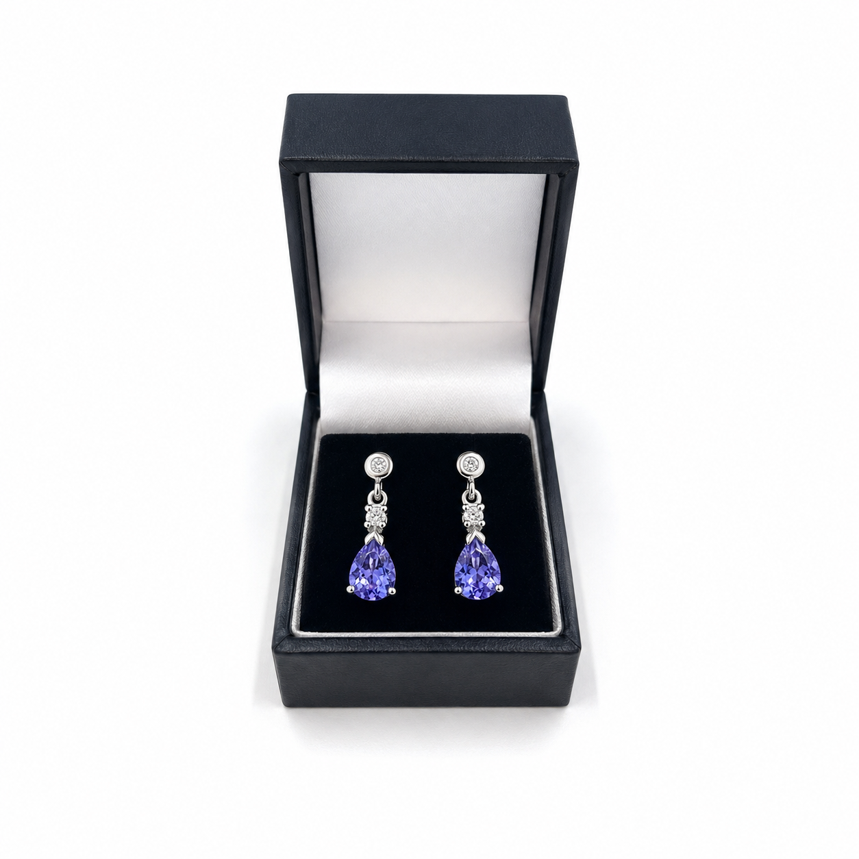 White Gold Tanzanite & Diamond Drop Earrings Pear Cut Teardrop Dangle Studs