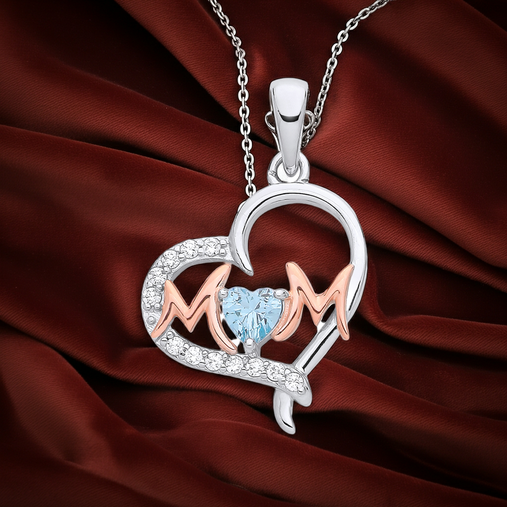 Aquamarine Mum Heart Pendant Solid Sterling Silver 925 Hallmark Rose Gold Detail