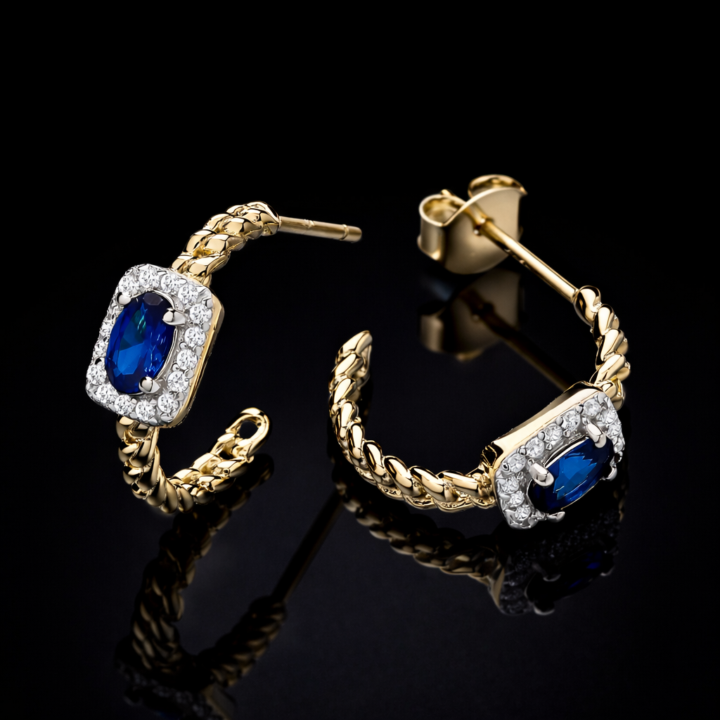 18ct Gold Sapphire Hoop Earrings on Solid Sterling Silver 925 Hallmark