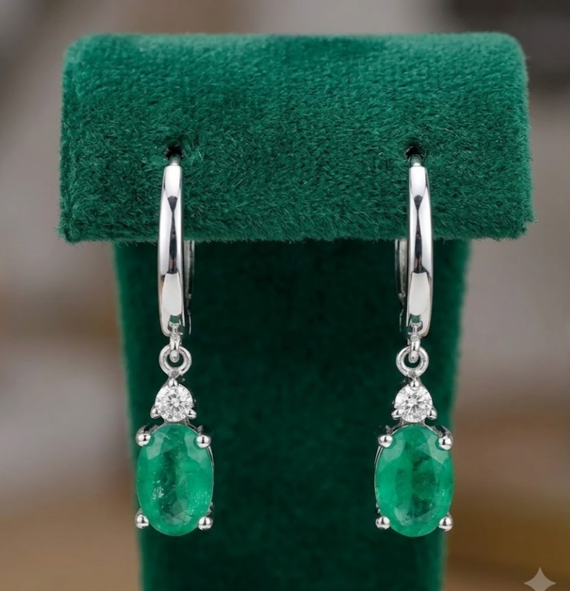 Natural Emerald Drop Earrings Diamond Accent Huggie Hoop 9ct White Gold