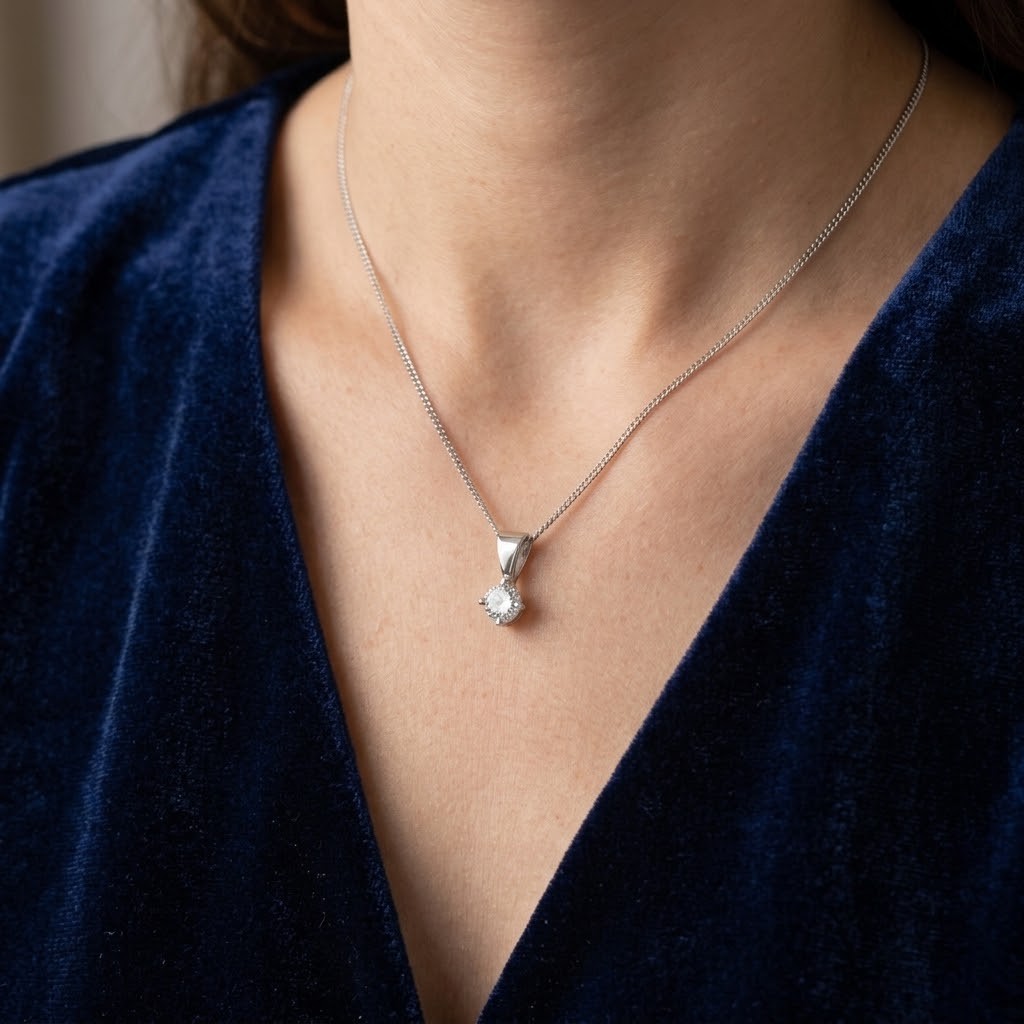 18ct White Gold 0.25ct Claw Set Diamond Solitaire Pendant 4mm Round 18" Chain