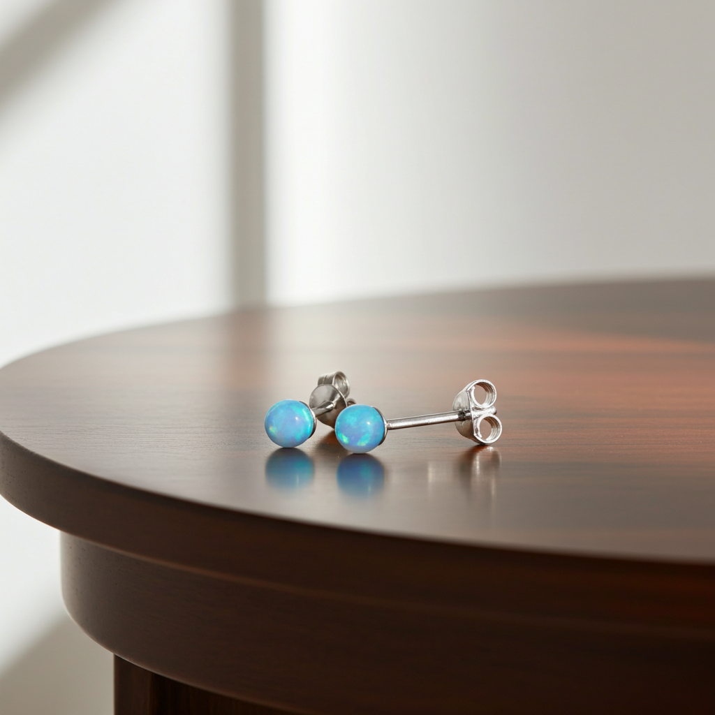 Blue Opal Earrings Solid Sterling Silver 4.1mm 925 Hallmark