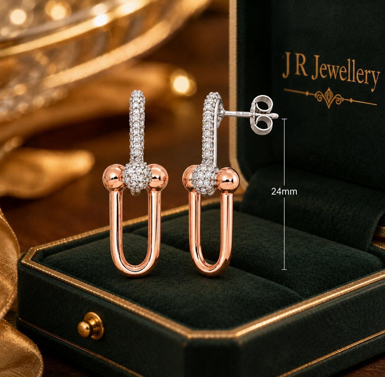 9ct White & Rose Gold Diamond Drop Earrings 24mm Ladies Luxury Jewellery