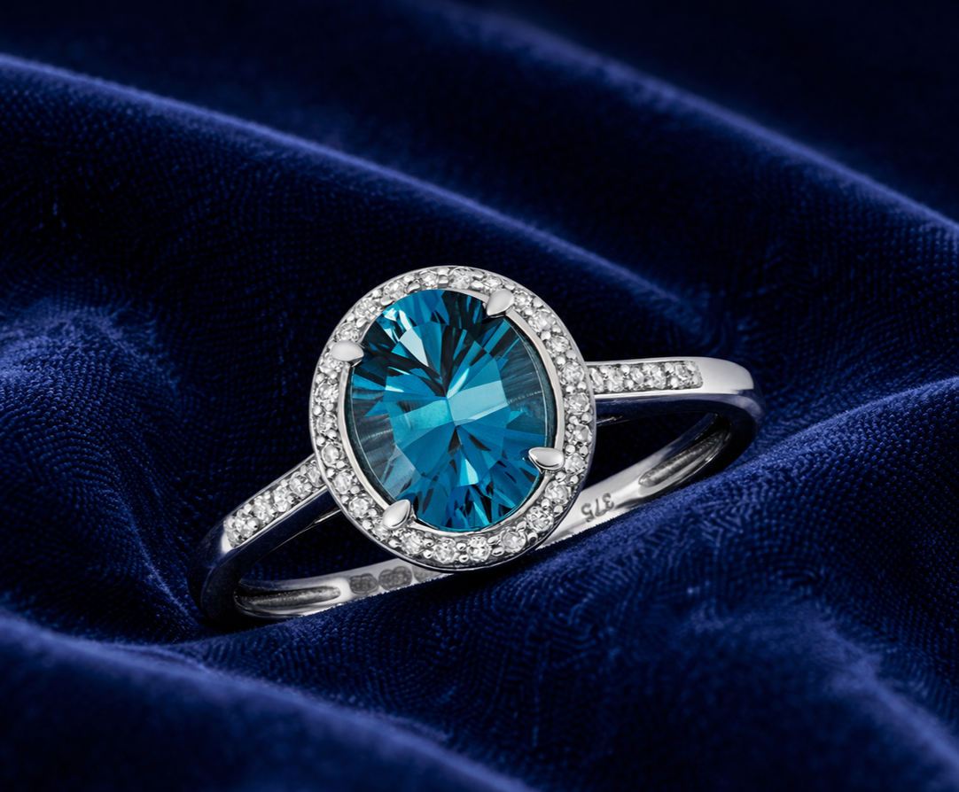 London Blue Topaz and Diamond Ring 9ct White Gold Oval Halo Sizes JKLMNOPQ