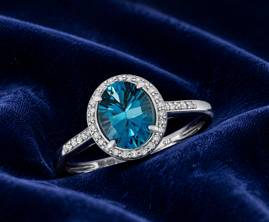 London Blue Topaz and Diamond Ring 9ct White Gold Oval Halo Sizes JKLMNOPQ