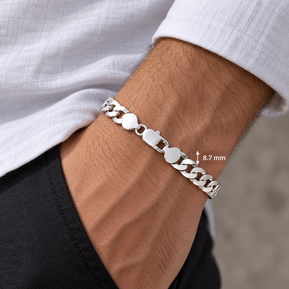 Men's Flat Curb Bracelet Sterling Silver 8" 18 Grams Hallmarked 8.7mm Wide