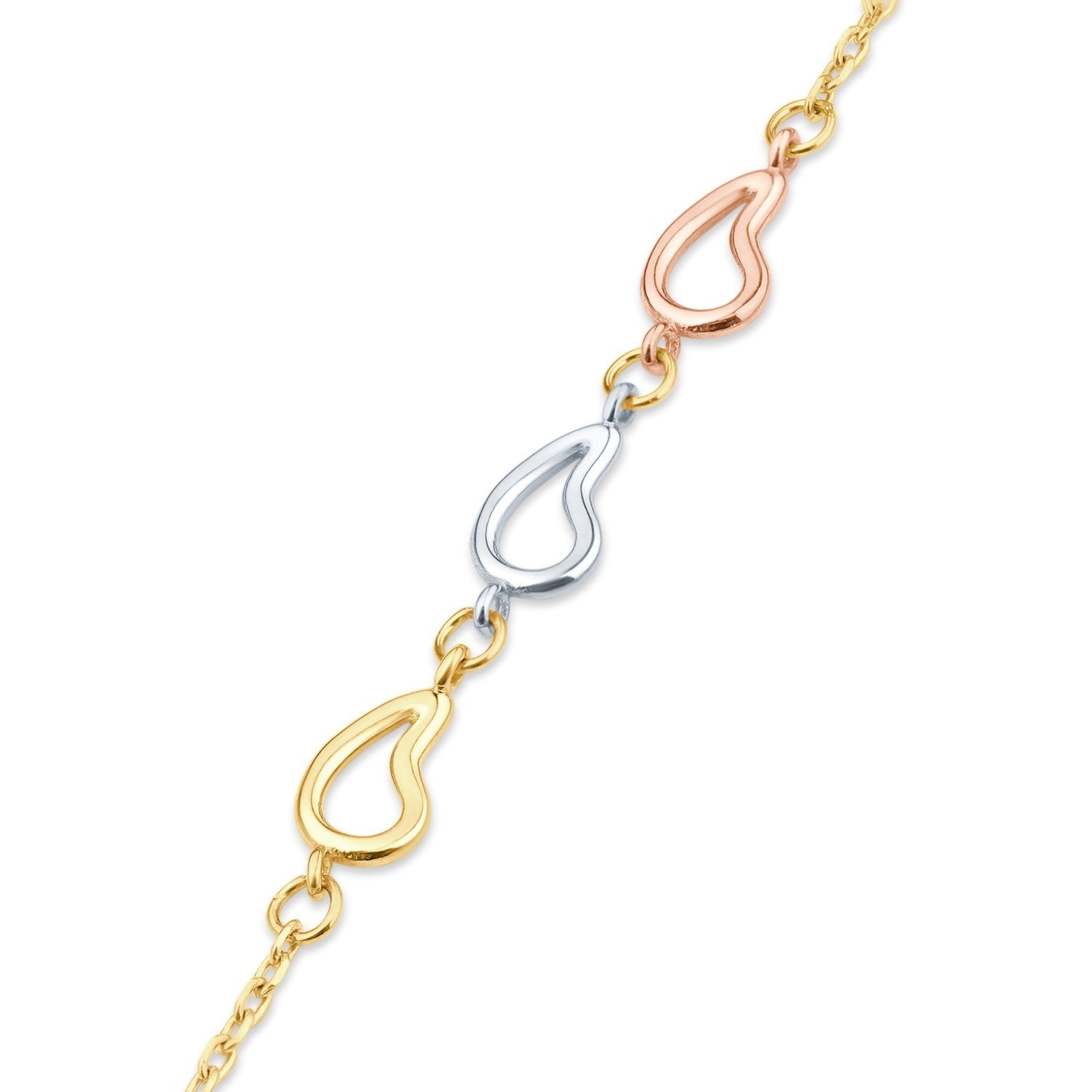 Elegant Tri-Color Open Teardrop Bracelet in 9ct Gold 375 Hallmark 19cm