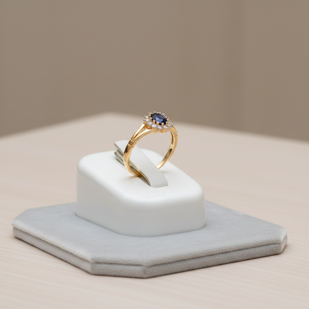 18ct Gold Sapphire Ring Oval Cluster on Sterling Silver 925 Hallmark Size K-S