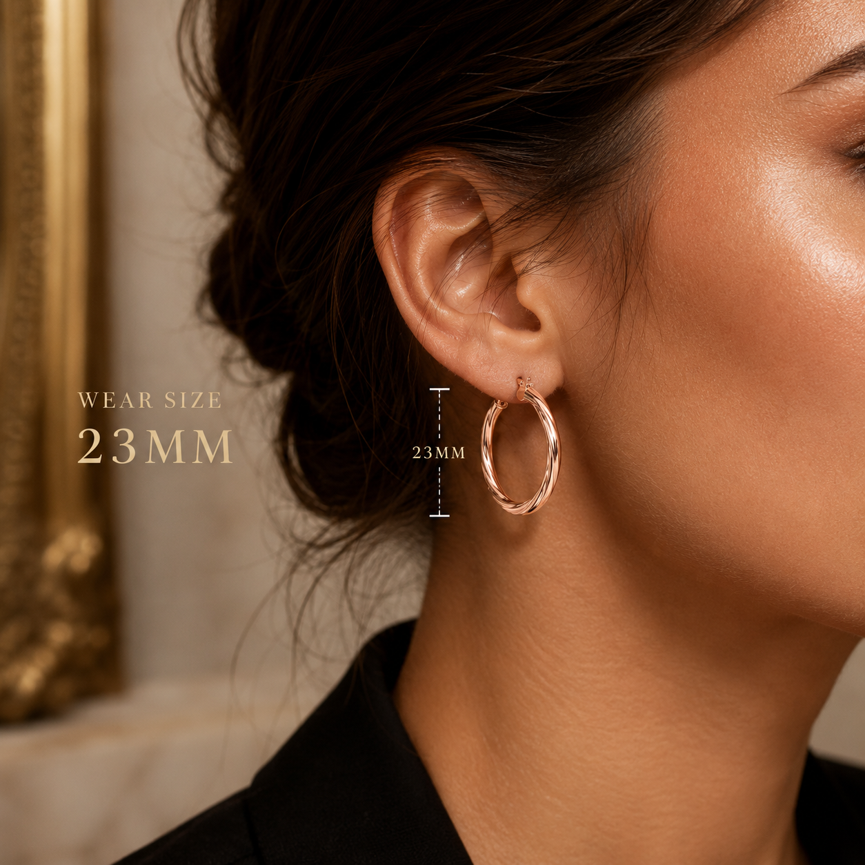 Rose Gold Twisted Hoop Earrings Snap Closure Polished 23mm Hallmarked
