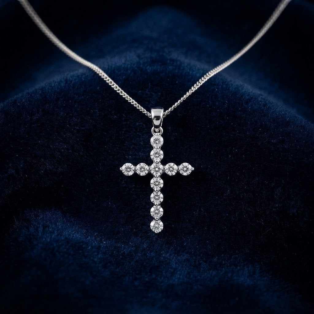 Real Diamond Cross Pendant 18ct White Gold 18" / 45cm Chain Hallmarked
