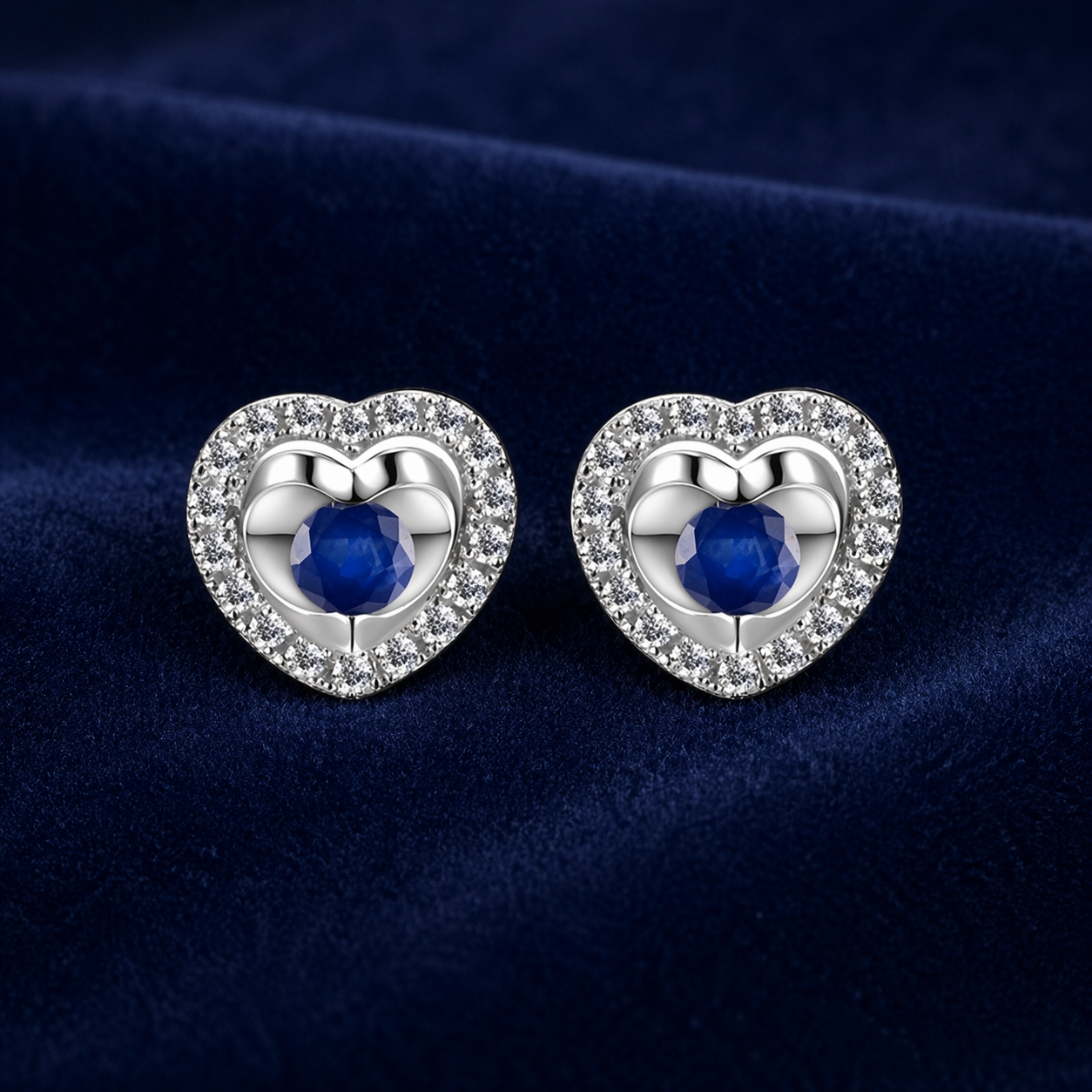 Natural Sapphire and Diamond Heart Earrings Solid 9ct White Gold Hallmarked