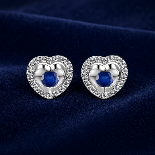 Natural Sapphire and Diamond Heart Earrings Solid 9ct White Gold Hallmarked