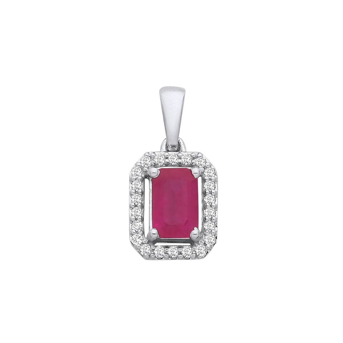 Natural Ruby Rectangular Pendant with Sparkling Diamond Halo 18ct White Gold 18"