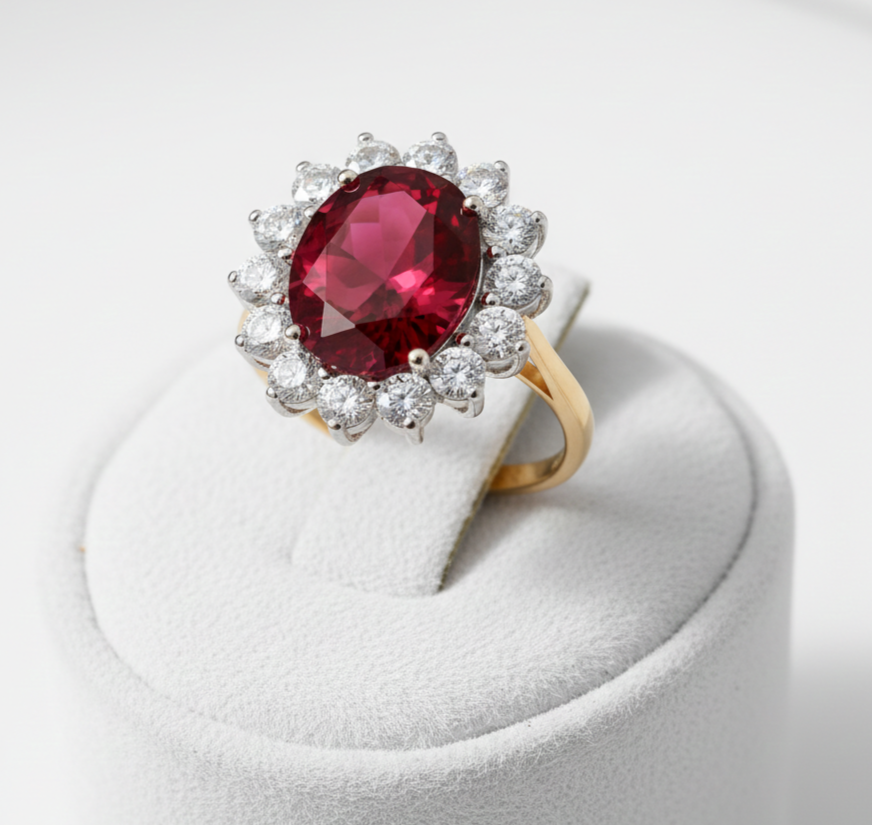 18ct Gold Large Ruby Ring Cluster on Sterling Silver 925 Hallmark Size K-S