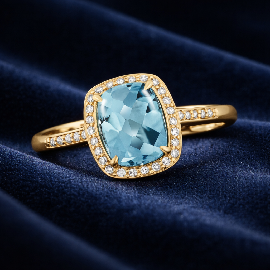 Swiss Blue Topaz and Diamond Ring 9ct Yellow Gold Cushion Cluster Size JKLMNOPQ