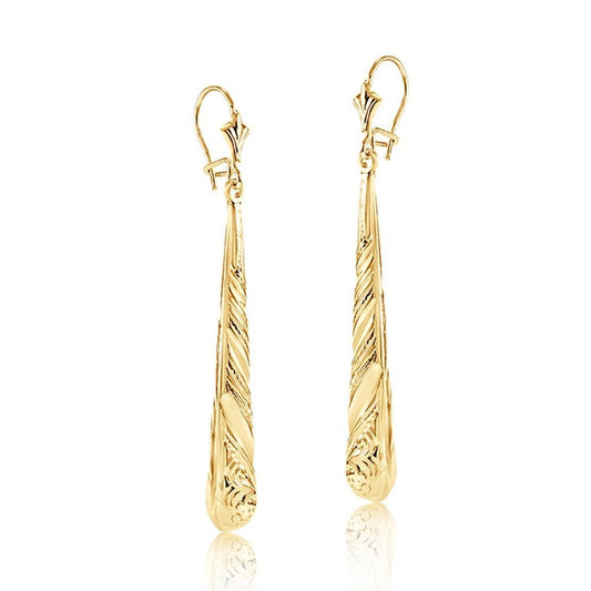 Patterned Drop Earrings 9ct Yellow Gold Drops 57mm Hallmarked
