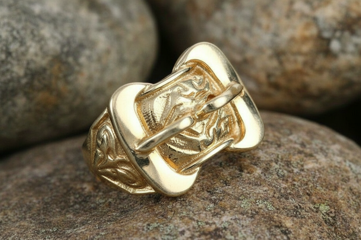 Gents Double Buckle Ring HEAVY Yellow Gold Hallmarked British Made Men's Band