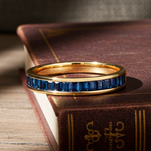 18ct Gold Sapphire Baguette Eternity Ring on Solid Sterling Silver 925 Hallmark