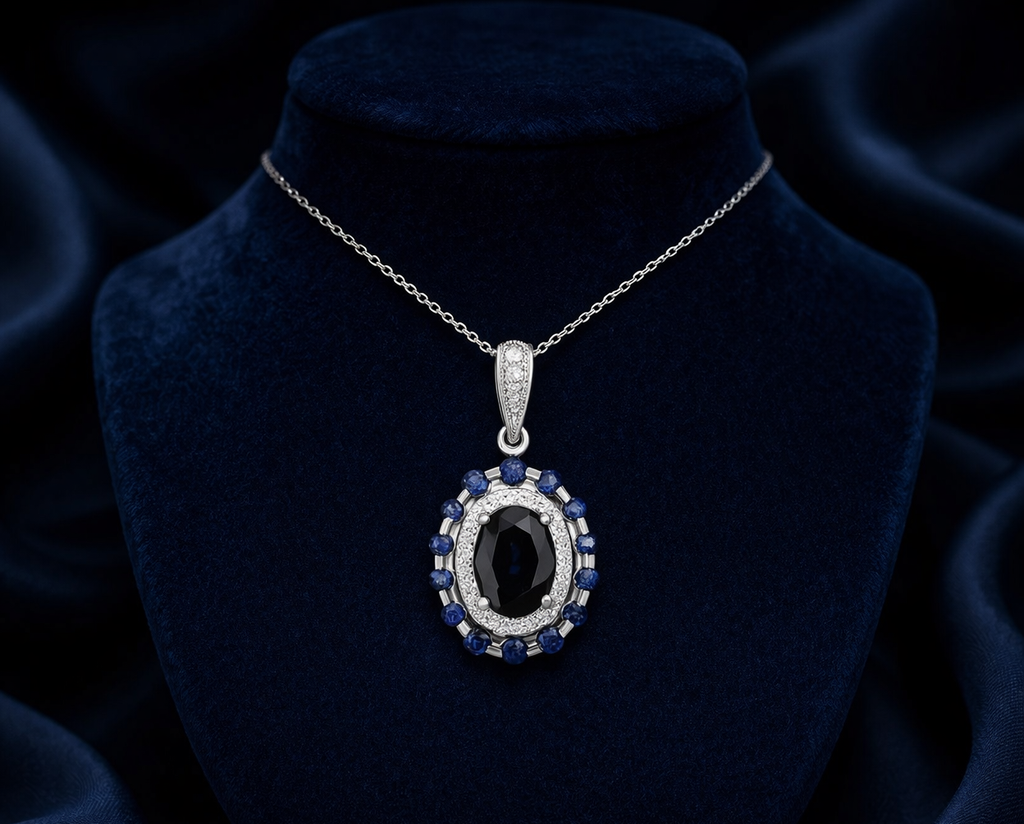 Real Sapphire Halo Pendant With Diamond Solid White Gold 16" 41cm Length Chain
