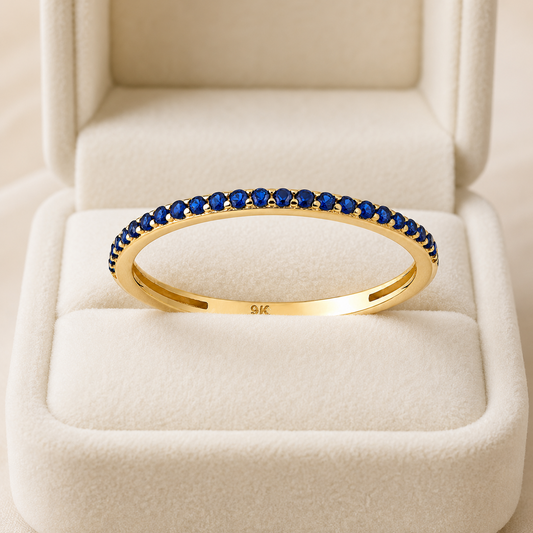 9K Yellow Gold Blue Sapphire Half Eternity Stackable Ring Sizes KLMNOPQRS