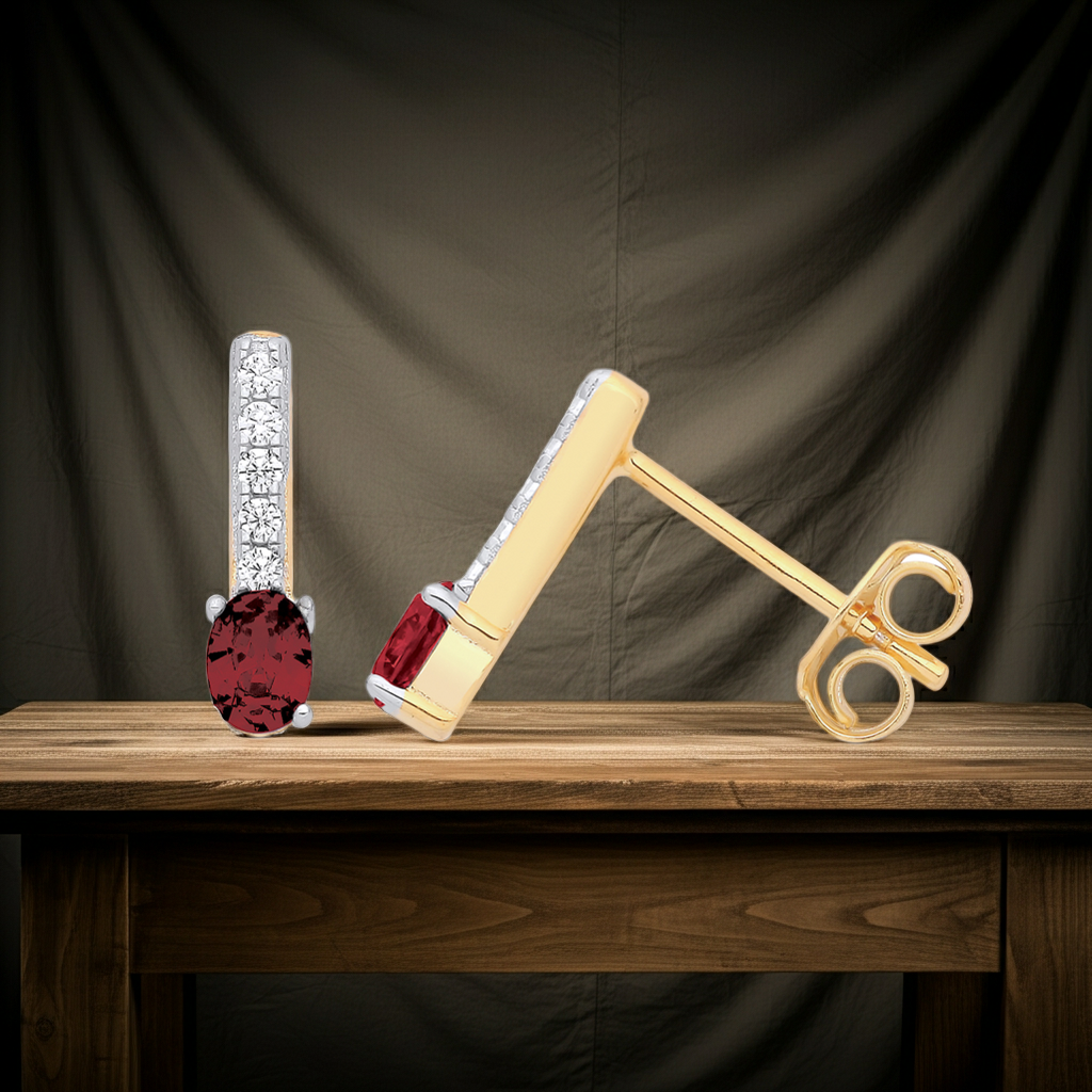 18ct Gold Ruby Drop Stud Earrings on Solid Sterling Silver 925 Hallmark