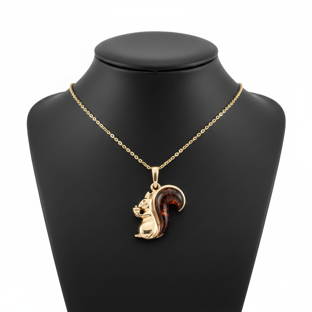 Natural Amber Squirrel Pendant  18ct Gold on Sterling Silver 925 Stamp 18" Chain