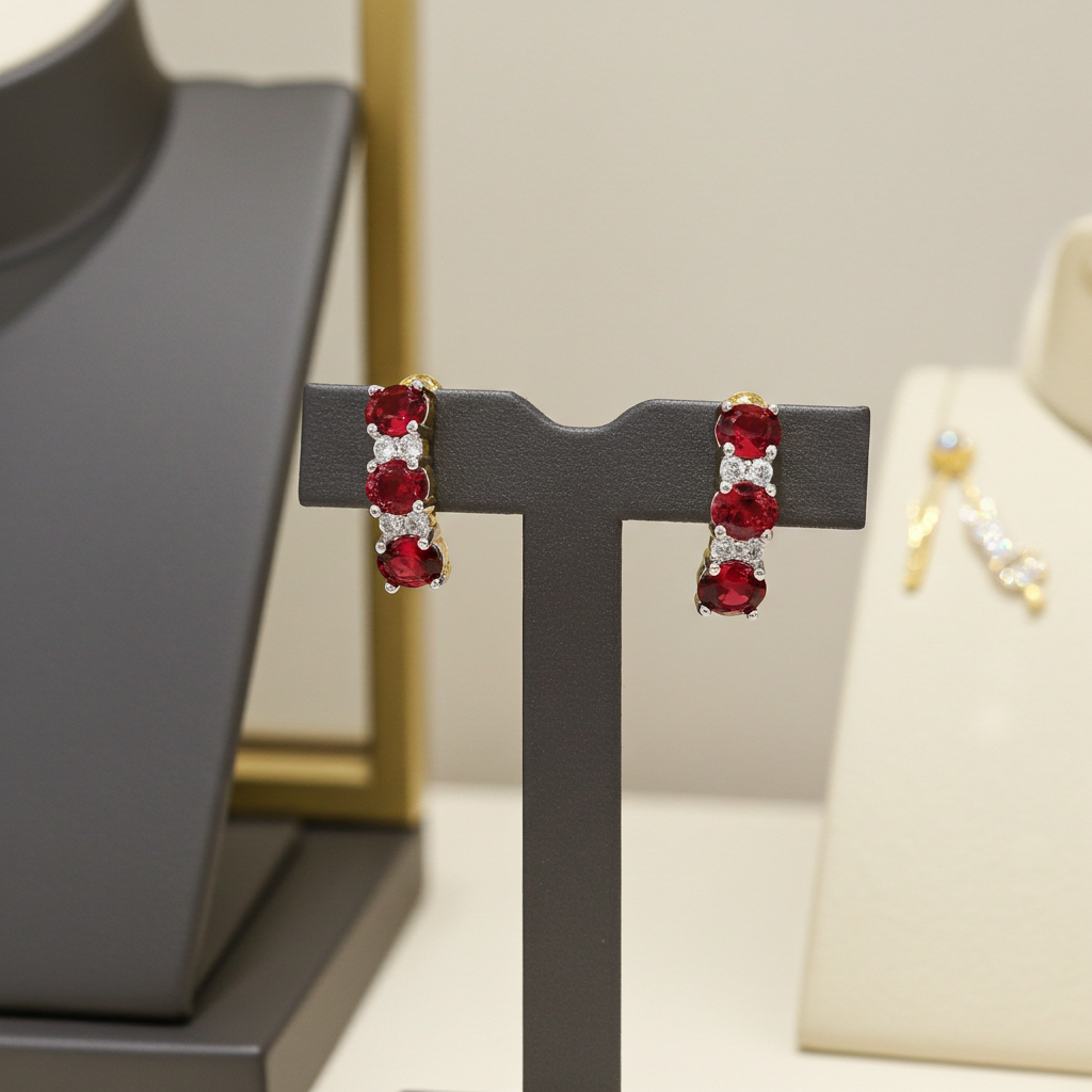 18ct Gold Ruby Drop Stud Earrings on Solid Sterling Silver 925 Hallmark