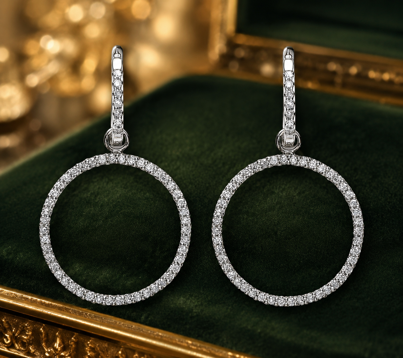 18K White Gold Diamond Pave Circle Drop Hoop Earrings 32mm Dangle Luxury