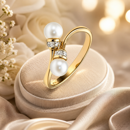 Modern Freshwater Pearl & Diamond Crossover Ring in 9ct Yellow Gold