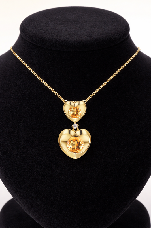 Citrine Heart Necklace With Diamond Solid Yellow Gold 18" 46cm Length Chain