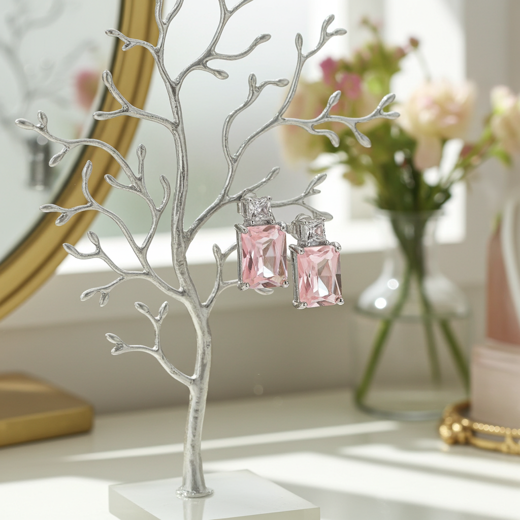 Pink Zircon Stud Earrings Solid Sterling Silver 925 Hallmark Rhodium Finish