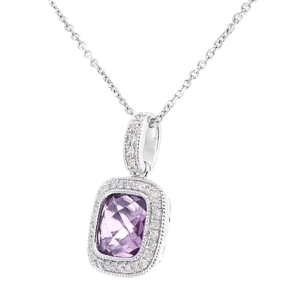 Natural Amethyst Cushion Pendant With Diamonds 9ct White Gold 16" Length Chain