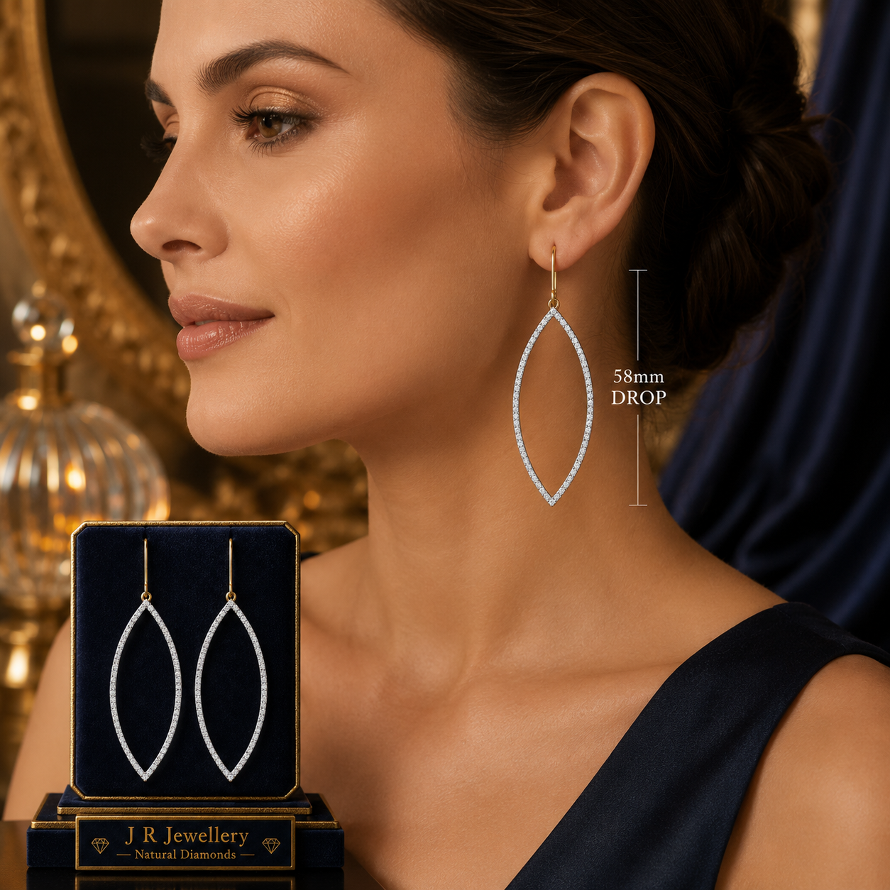 Yellow Gold Natural Diamond Marquise Drop Earrings 58mm Dangle Luxury Gift